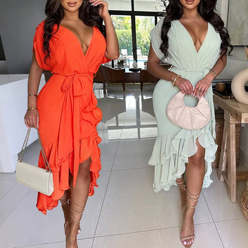 MQTIME  -  New Tie Up Irregular Long Dress Summer Casual Short Sleeve Commute Dress Office Lady Deep V Ruffles Solid Color Evening Dresses